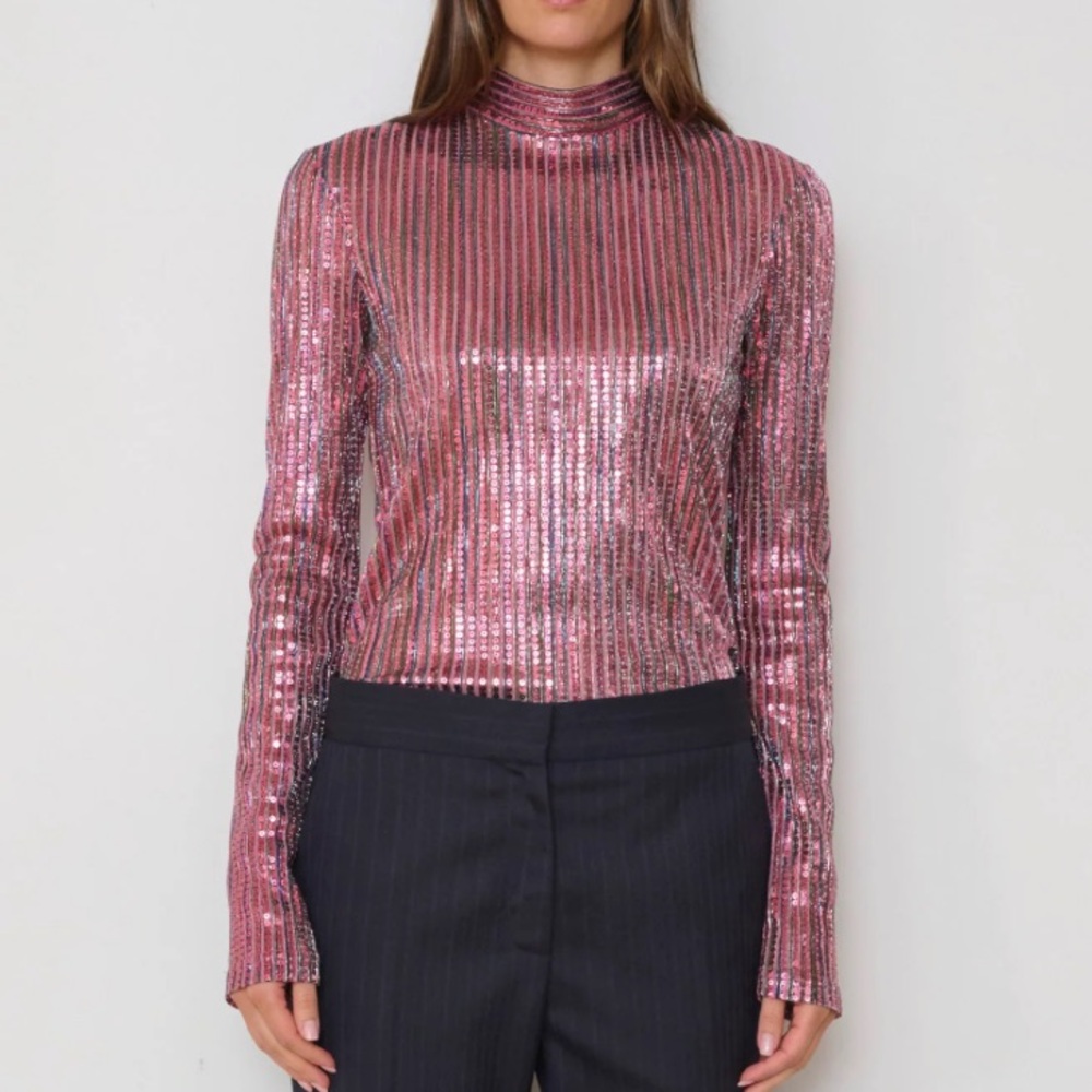 NWT $466 WE-AR4 Pink Sequin Disco Sparkle Top Long Sleeve Pull On Blouse